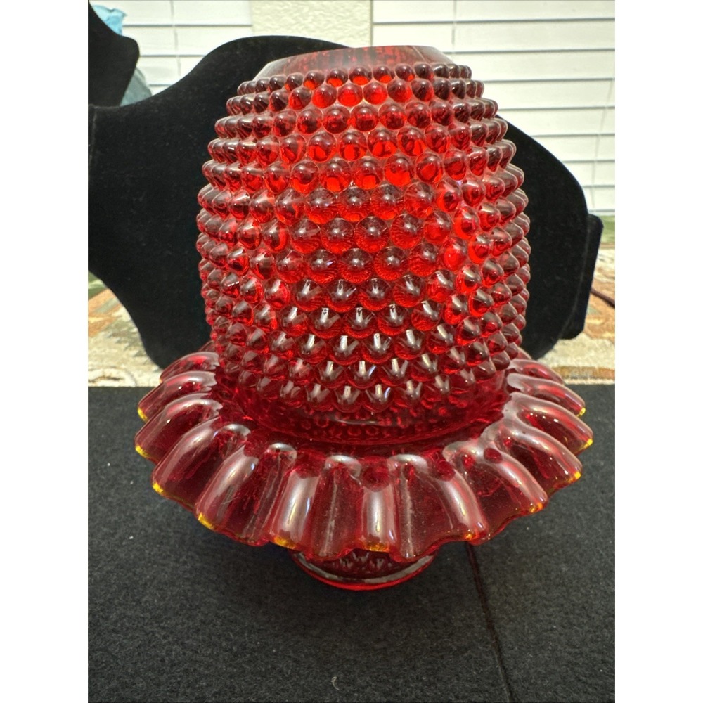 Fenton for LG Wright Ruby Red GLOWS Hobnail 2pc Fairy Lamp Candle Holder